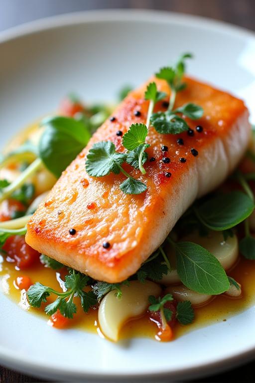 Gebratenes Fischfilet auf einem Bett aus feinem Gemüse und Kräutern, ansprechend angerichtet